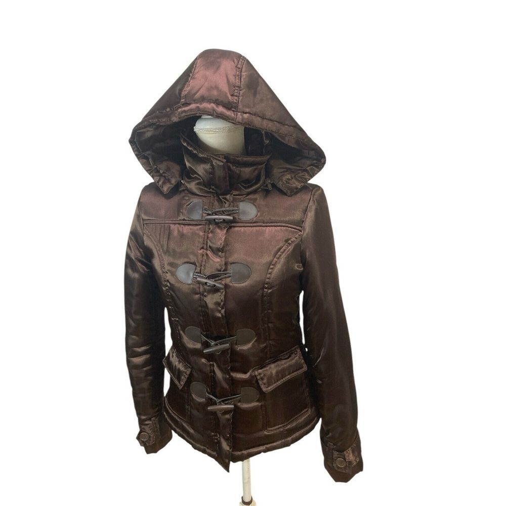 Women's Brown US Polo Assn Puffer Jacket M Removable Hood Full Zip Sling Button